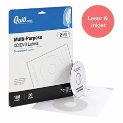 Quill Brand® Laser/Inkjet CD/DVD Labels; White, 8-1/2x11", 2 Labels/Sheet, 50 Sheets/Pack (016874)