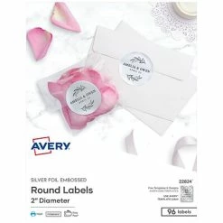 Avery Printable Embossed Foil Round Labels, 2" Diameter, Silver, 96 Customizable Labels/Pack (22824)