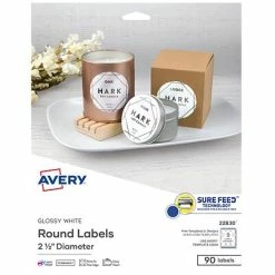 Avery Printable Laser/Inkjet Round Labels With Sure Feed, 2.5" Diameter, Glossy White, 90 Labels Per Pack (22830)