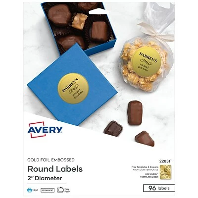 Avery Printable Embossed Foil Round Labels, 2" Diameter, Gold, 96 Customizable Labels/Pack (22831) 3 Avery Printable Embossed Foil Round Labels, 2" Diameter, Gold, 96 Customizable Labels/Pack (22831)
