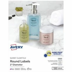 Avery Printable Laser/Inkjet Round Labels With Sure Feed, 2" Diameter, Glossy Clear, 120 Labels Per Pack (22825)