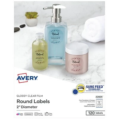 Avery Printable Laser/Inkjet Round Labels With Sure Feed, 2" Diameter, Glossy Clear, 120 Labels Per Pack (22825) 3 Avery Printable Laser/Inkjet Round Labels With Sure Feed, 2" Diameter, Glossy Clear, 120 Labels Per Pack (22825)