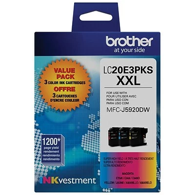 Brother LC20E3PKS Cyan/Magenta/Yellow Extra High Yield Ink Cartridge, 3/Pack (LC20E3PKS) 3 Brother LC20E3PKS Cyan/Magenta/Yellow Extra High Yield Ink Cartridge, 3/Pack (LC20E3PKS)