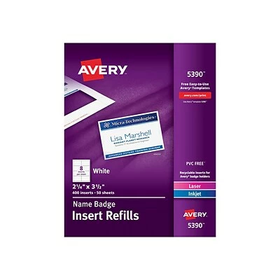 Avery® Name Tag Refills Avery Laser/Inkjet Insert Refills ID Cards, 2 1/4" X 3 1/2", White, 400 Cards Per Pack (5390) 1 Avery® Name Tag Refills Avery Laser/Inkjet Insert Refills ID Cards, 2 1/4" X 3 1/2", White, 400 Cards Per Pack (5390)