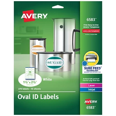 Avery Easy Peel Oval ID Labels, Sure Feed Technology, Print To The Edge, Permanent Adhesive, 1-1/2” X 2-1/2”, 270/Pack (6583) 3 Avery Easy Peel Oval ID Labels, Sure Feed Technology, Print To The Edge, Permanent Adhesive, 1-1/2” X 2-1/2”, 270/Pack (6583)